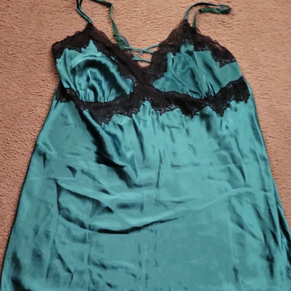 Green Satin Nightgown with Black Lace